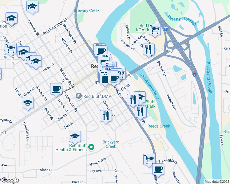 map of restaurants, bars, coffee shops, grocery stores, and more near 515 Main Street in Red Bluff