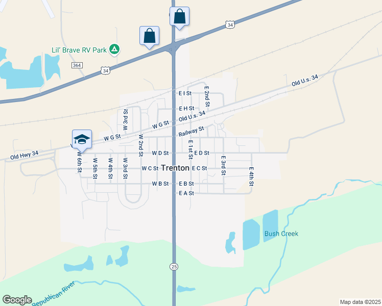 map of restaurants, bars, coffee shops, grocery stores, and more near 124 East D Street in Trenton