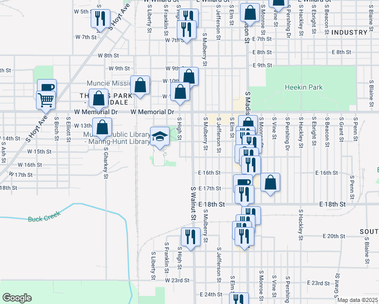 map of restaurants, bars, coffee shops, grocery stores, and more near 2119 South Walnut Street in Muncie