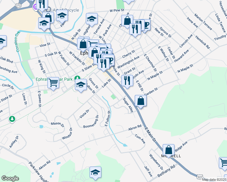 map of restaurants, bars, coffee shops, grocery stores, and more near 156 East Franklin Street in Ephrata