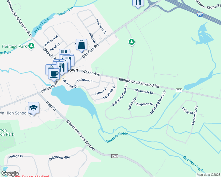 map of restaurants, bars, coffee shops, grocery stores, and more near 27 Farmer Drive in Allentown