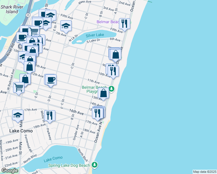 map of restaurants, bars, coffee shops, grocery stores, and more near 102 11th Avenue in Belmar