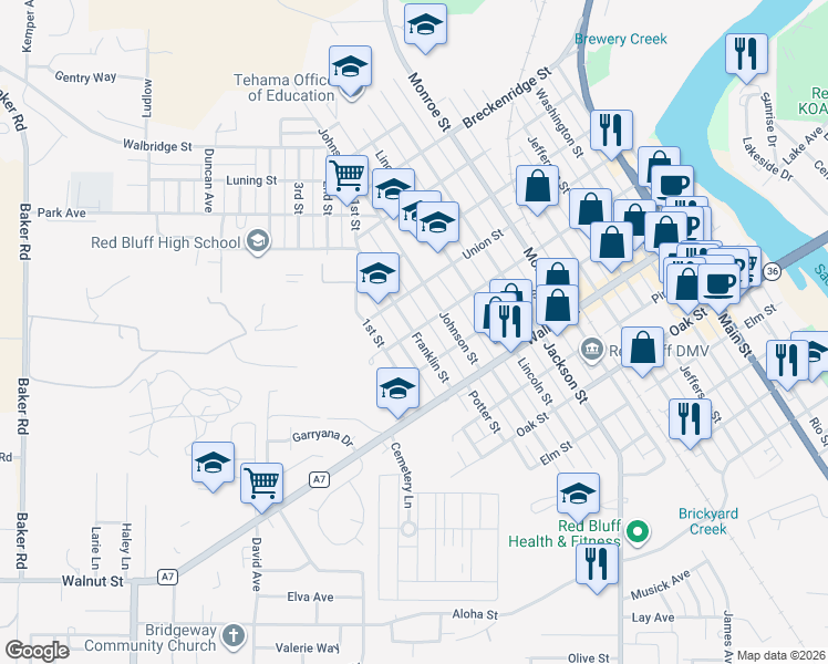 map of restaurants, bars, coffee shops, grocery stores, and more near 1098 Cedar Street in Red Bluff