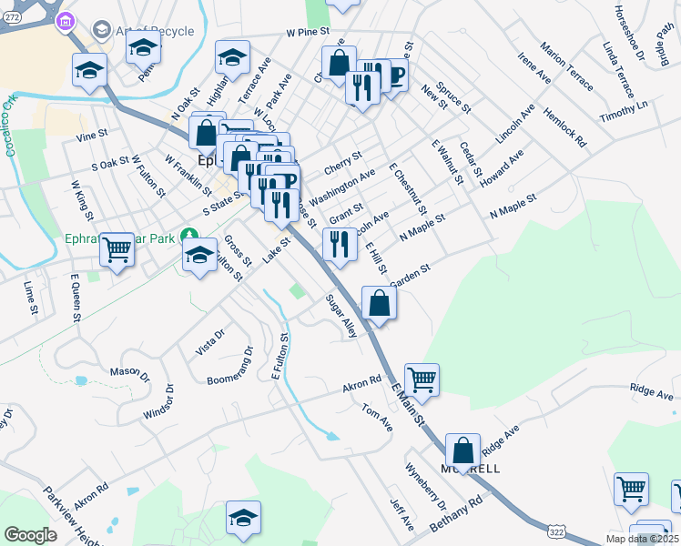 map of restaurants, bars, coffee shops, grocery stores, and more near 320 East Main Street in Ephrata