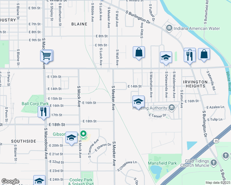 map of restaurants, bars, coffee shops, grocery stores, and more near 2401 East 14th Street in Muncie