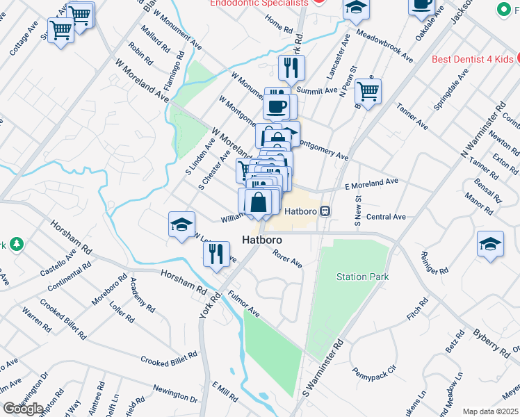 map of restaurants, bars, coffee shops, grocery stores, and more near 18 East Moreland Avenue in Hatboro