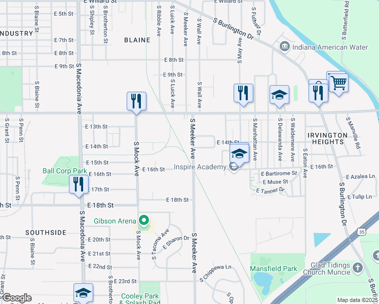 map of restaurants, bars, coffee shops, grocery stores, and more near 2111 South Meeker Avenue in Muncie