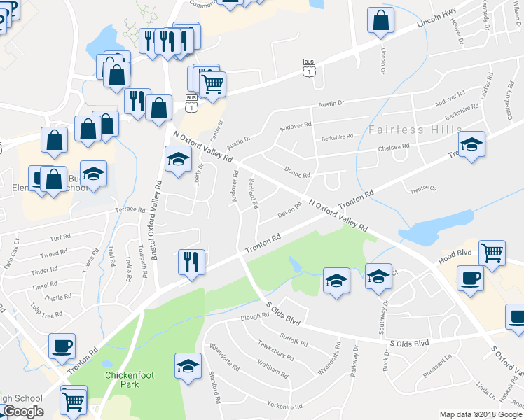 map of restaurants, bars, coffee shops, grocery stores, and more near 134 Bedford Road in Fairless Hills