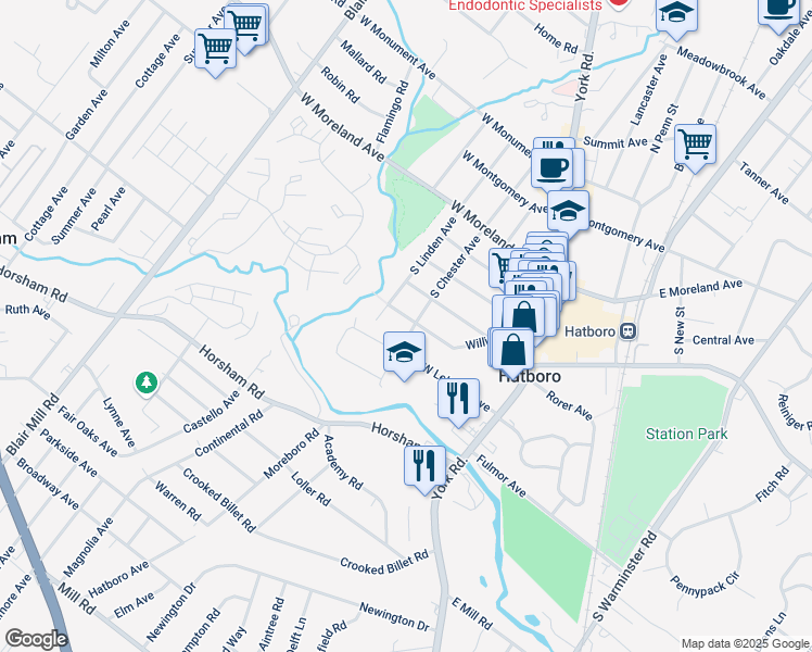 map of restaurants, bars, coffee shops, grocery stores, and more near 86 Williams Lane in Hatboro