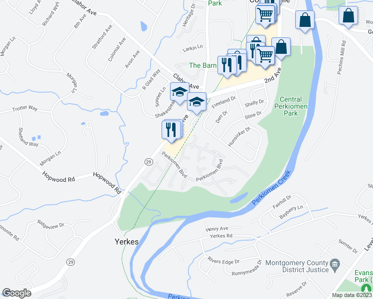 map of restaurants, bars, coffee shops, grocery stores, and more near 100 Cherrywood Court in Collegeville