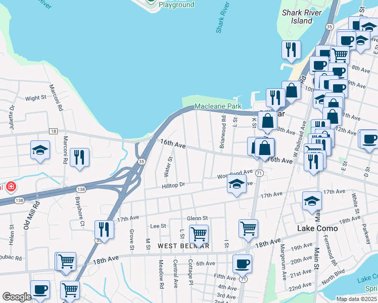 map of restaurants, bars, coffee shops, grocery stores, and more near 1217 16th Avenue in Belmar