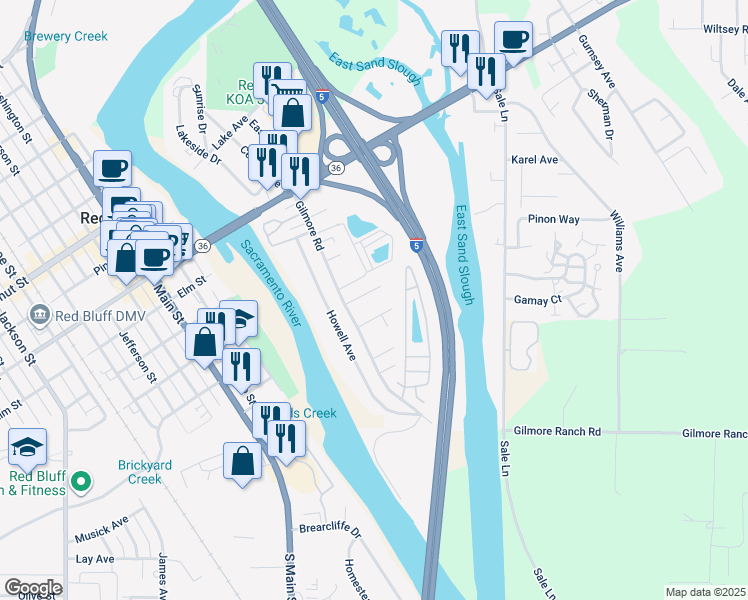map of restaurants, bars, coffee shops, grocery stores, and more near 75 Mina Avenue in Red Bluff