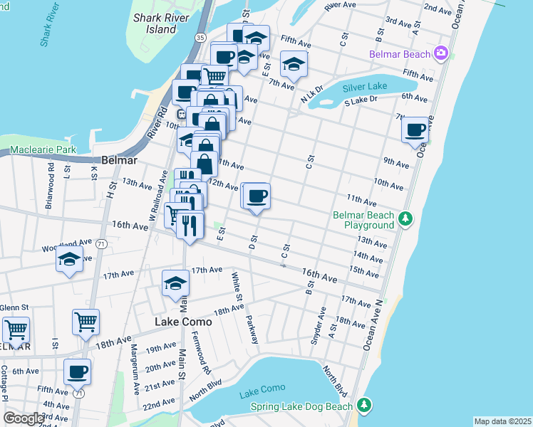 map of restaurants, bars, coffee shops, grocery stores, and more near 419 12th Avenue in Belmar