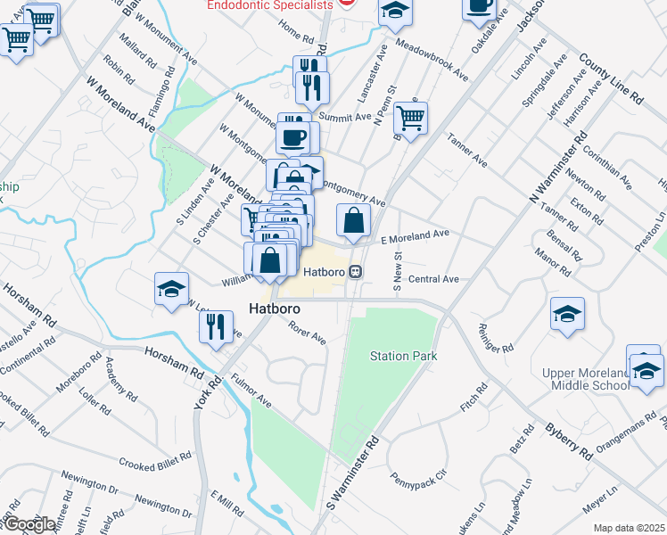 map of restaurants, bars, coffee shops, grocery stores, and more near 18 South Penn Street in Hatboro
