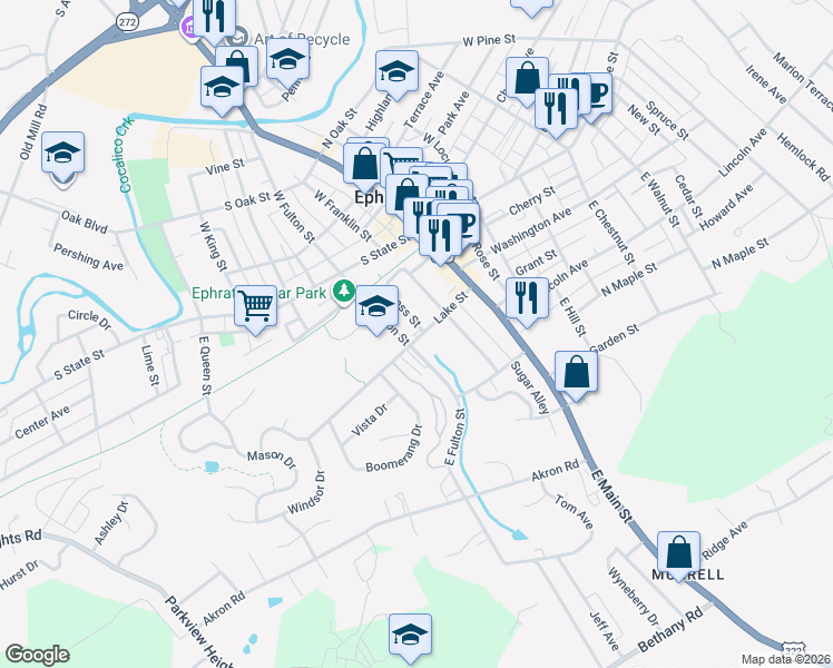 map of restaurants, bars, coffee shops, grocery stores, and more near 123 Gross Street in Ephrata