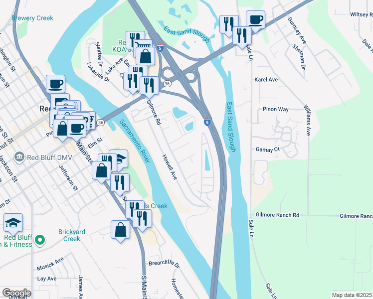 map of restaurants, bars, coffee shops, grocery stores, and more near 65 Mina Avenue in Red Bluff
