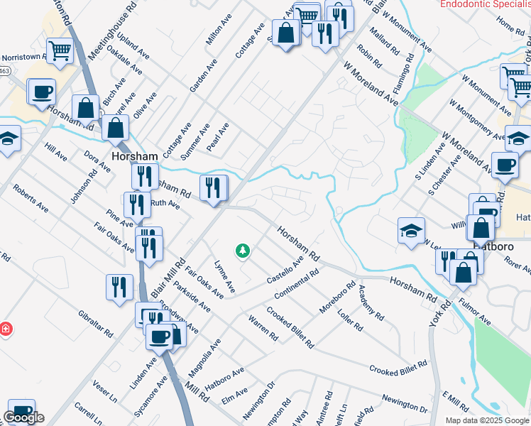 map of restaurants, bars, coffee shops, grocery stores, and more near 2601 Horsham Road in Hatboro