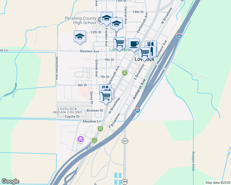 map of restaurants, bars, coffee shops, grocery stores, and more near 550 Cornell Avenue in Lovelock