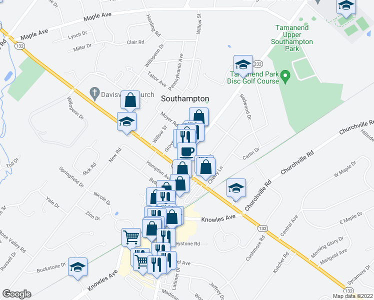 map of restaurants, bars, coffee shops, grocery stores, and more near 746 Pennsylvania 232 in Southampton