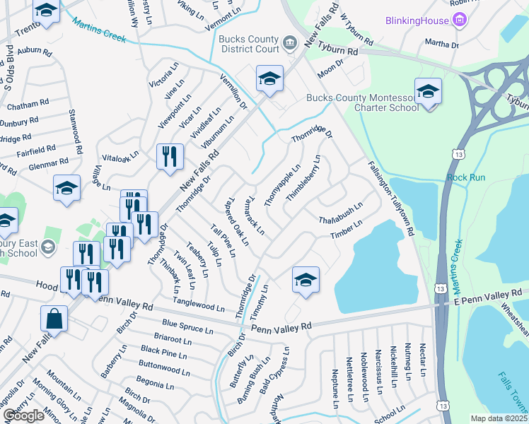 map of restaurants, bars, coffee shops, grocery stores, and more near 23 Thornyapple Lane in Levittown