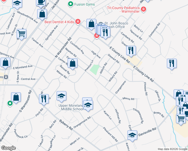 map of restaurants, bars, coffee shops, grocery stores, and more near 505 Exton Road in Hatboro