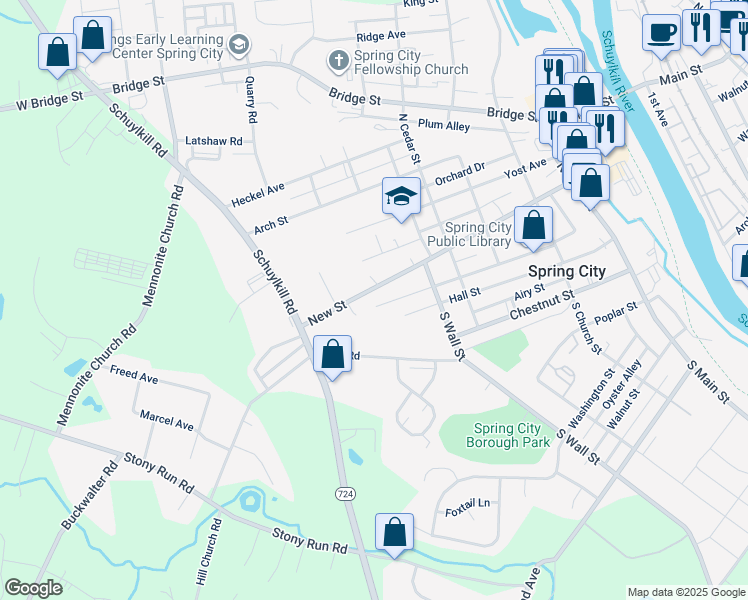 map of restaurants, bars, coffee shops, grocery stores, and more near 632 New Street in Spring City