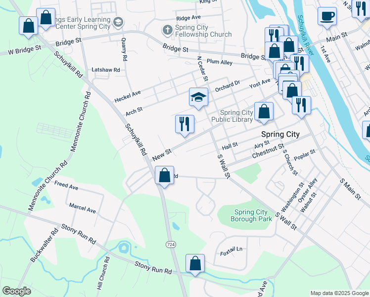map of restaurants, bars, coffee shops, grocery stores, and more near 632 New Street in Spring City