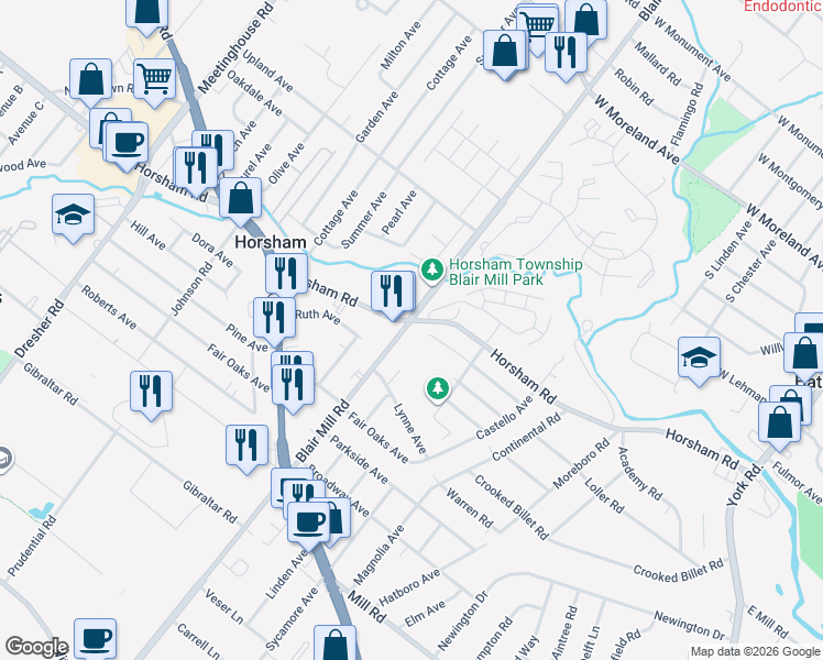 map of restaurants, bars, coffee shops, grocery stores, and more near 3325 Blair Mill Road in Hatboro