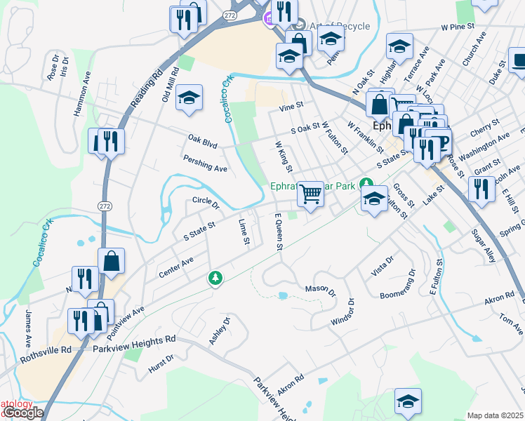 map of restaurants, bars, coffee shops, grocery stores, and more near 528 South State Street in Ephrata