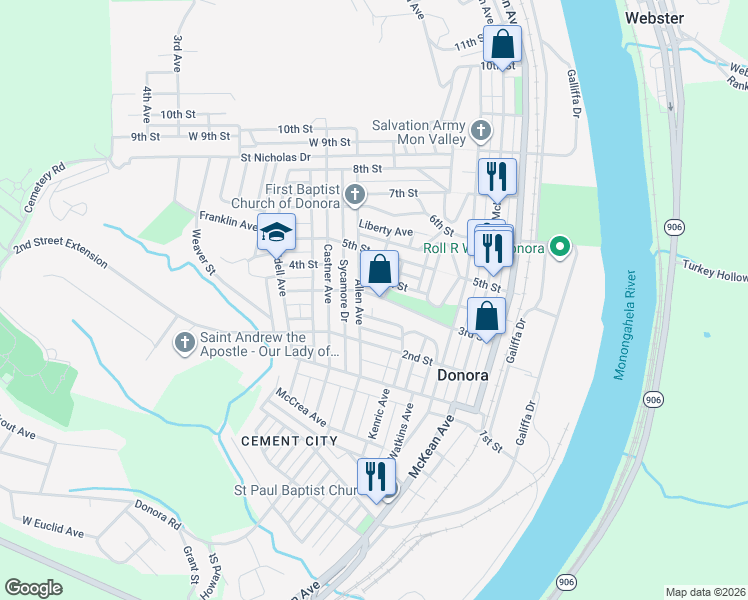 map of restaurants, bars, coffee shops, grocery stores, and more near 457 3rd Street in Donora