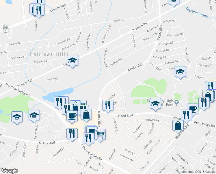 map of restaurants, bars, coffee shops, grocery stores, and more near 520 South Olds Boulevard in Fairless Hills
