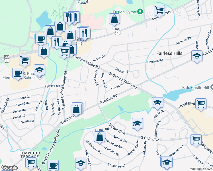 map of restaurants, bars, coffee shops, grocery stores, and more near 134 Bedford Road in Fairless Hills
