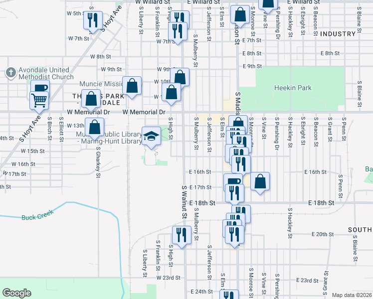 map of restaurants, bars, coffee shops, grocery stores, and more near 2114 South Walnut Street in Muncie