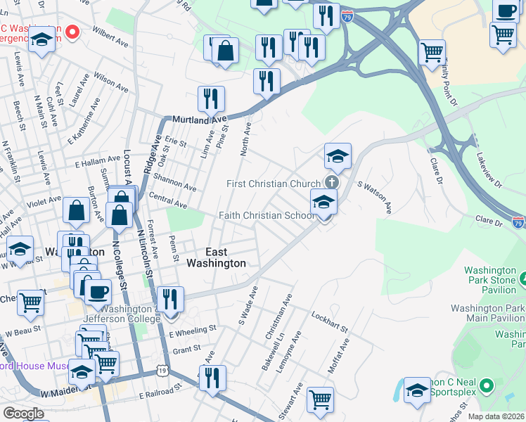 map of restaurants, bars, coffee shops, grocery stores, and more near 245 North Wade Avenue in Washington