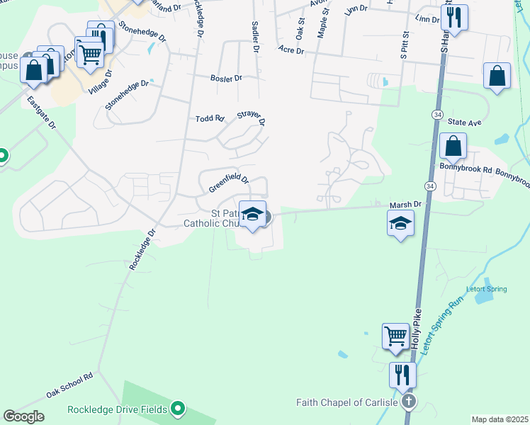 map of restaurants, bars, coffee shops, grocery stores, and more near 86 Marsh Drive in Carlisle