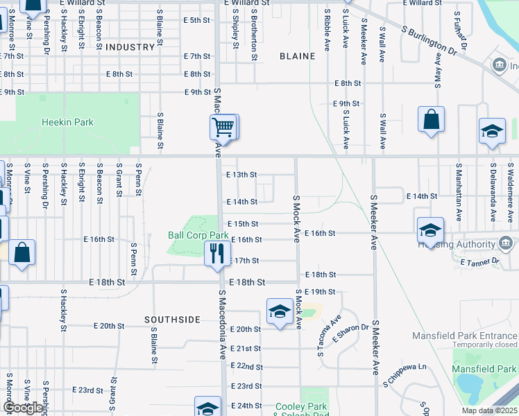 map of restaurants, bars, coffee shops, grocery stores, and more near 1901 East 14th Street in Muncie