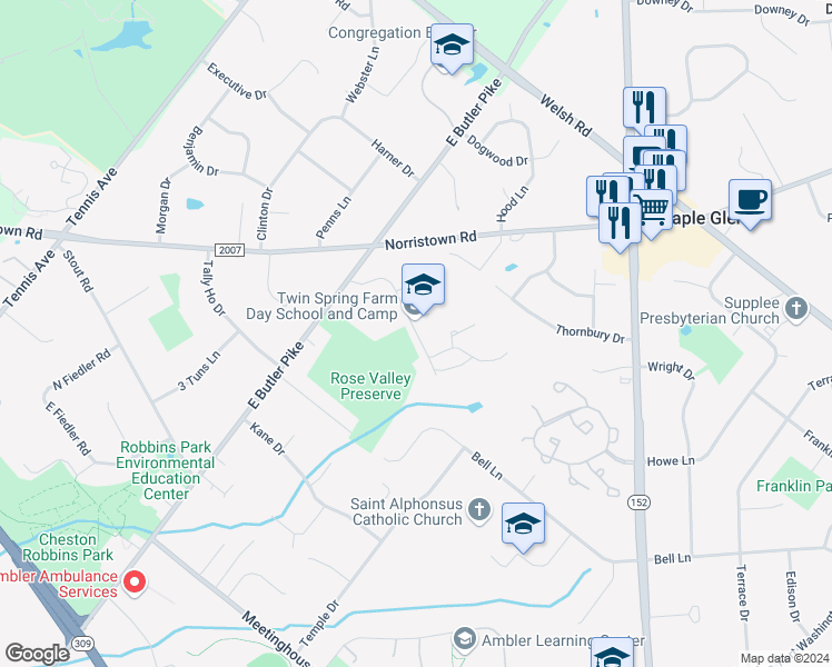 map of restaurants, bars, coffee shops, grocery stores, and more near 1664 Orchard Drive in Ambler