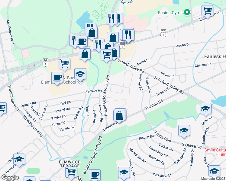 map of restaurants, bars, coffee shops, grocery stores, and more near 262 Liberty Drive in Langhorne