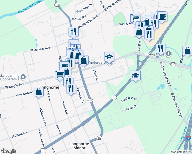 map of restaurants, bars, coffee shops, grocery stores, and more near 200 Cherry Street in Langhorne