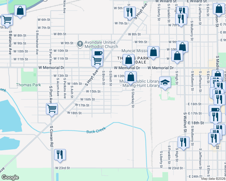 map of restaurants, bars, coffee shops, grocery stores, and more near 922 West 15th Street in Muncie