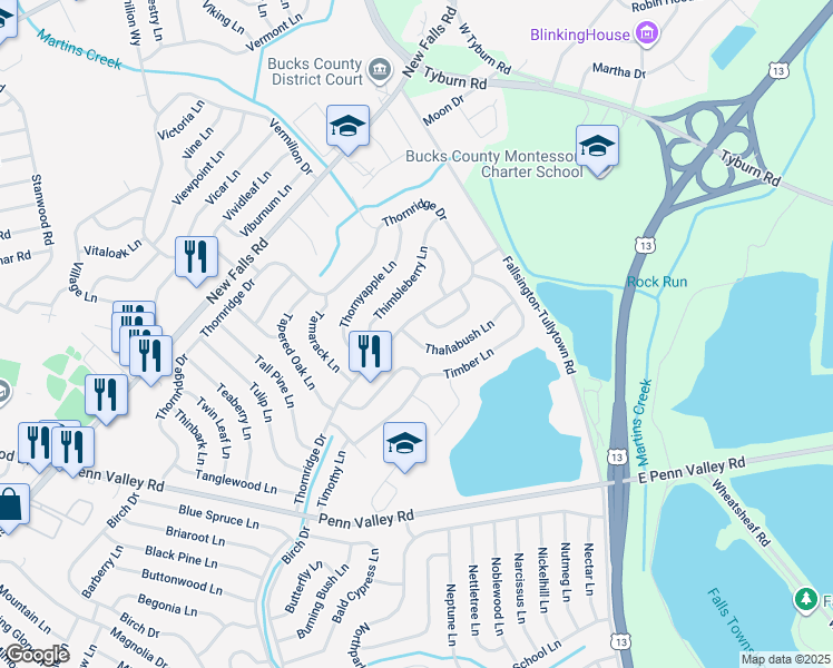 map of restaurants, bars, coffee shops, grocery stores, and more near 5 Thaliabush Lane in Levittown