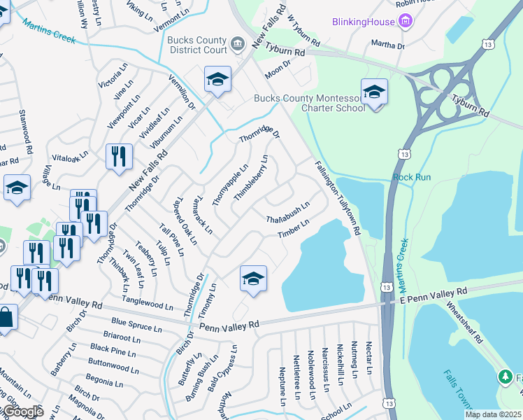 map of restaurants, bars, coffee shops, grocery stores, and more near 5 Thaliabush Lane in Levittown