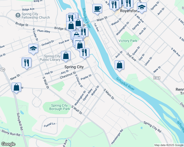map of restaurants, bars, coffee shops, grocery stores, and more near 136 South Main Street in Spring City