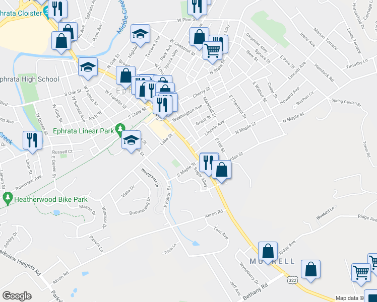 map of restaurants, bars, coffee shops, grocery stores, and more near 205 East Main Street in Ephrata