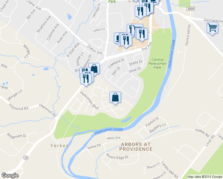map of restaurants, bars, coffee shops, grocery stores, and more near 103 Pepper Drive in Collegeville