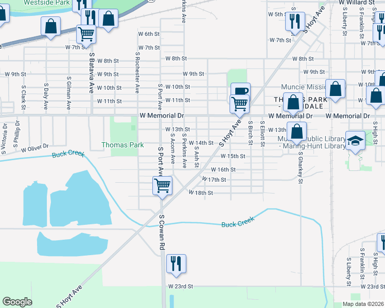 map of restaurants, bars, coffee shops, grocery stores, and more near 1442 West 15th Street in Muncie