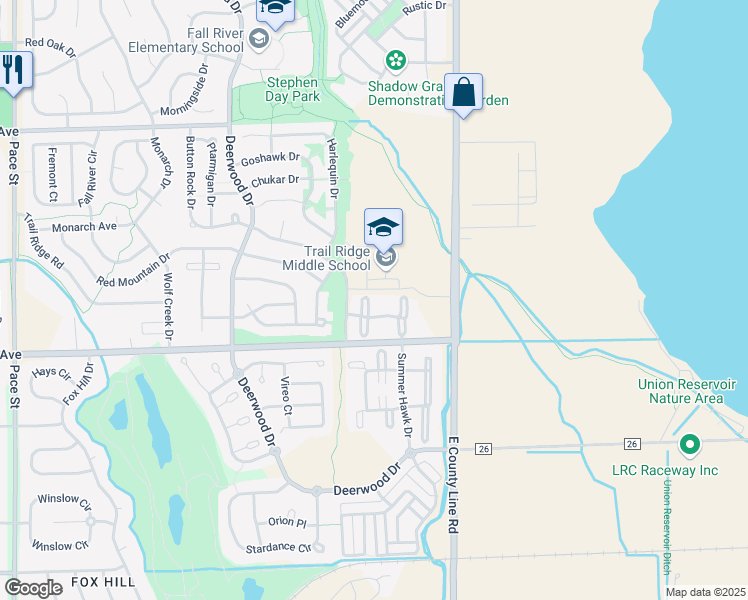 map of restaurants, bars, coffee shops, grocery stores, and more near 95 Summer Hawk Drive in Longmont