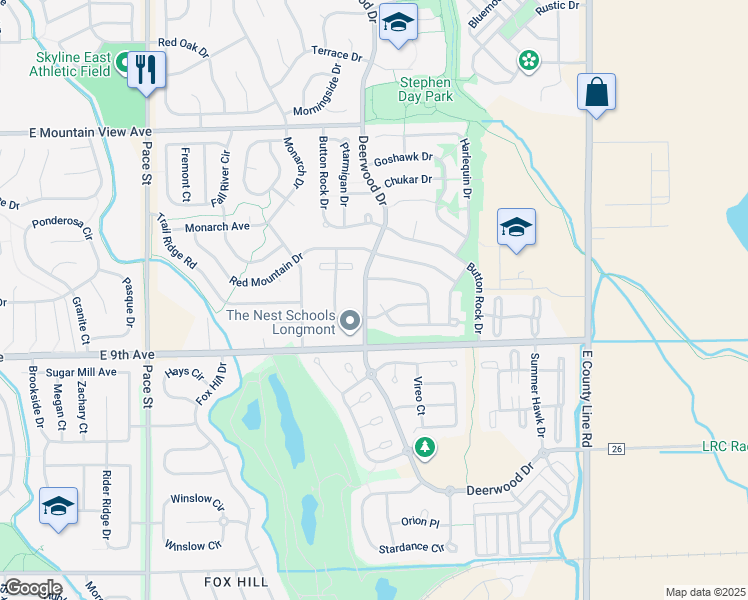 map of restaurants, bars, coffee shops, grocery stores, and more near 901 Sparrow Hawk Drive in Longmont