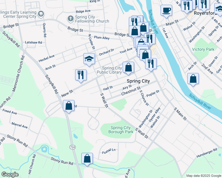 map of restaurants, bars, coffee shops, grocery stores, and more near 7 South Cedar Street in Spring City