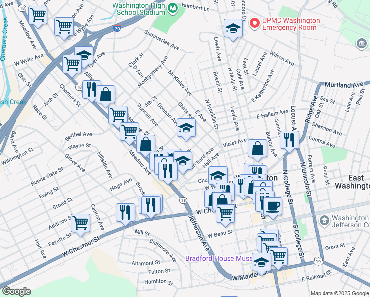 map of restaurants, bars, coffee shops, grocery stores, and more near 355 Duncan Avenue in Washington